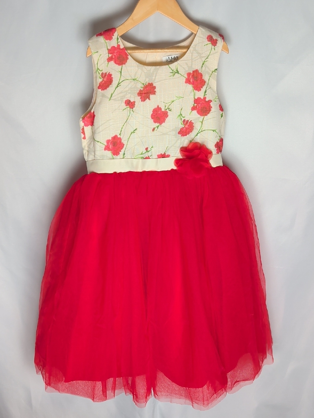 iAMe Girls Ivory Floral Bodice with Red Tulle Party Dress for Girls 10 UK